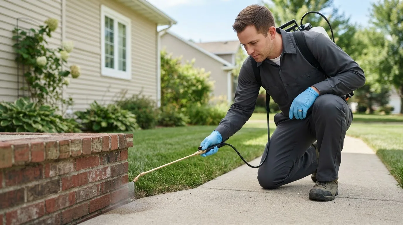 Pest control technician treating a home near Bancroft, ID